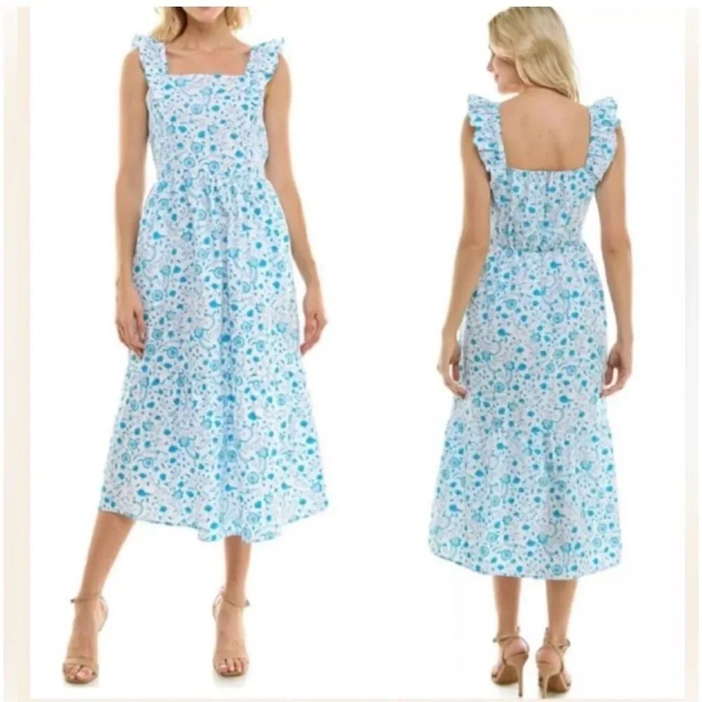 Draper James Ladies Ruffle Sleeve Cotton Dress Size Small Blue Paisely Cottage